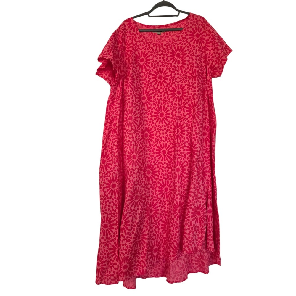Flax 100% Linen Pink Red Floral Sunburst Midi Dress Short SIZE 2G PLUS 22-24